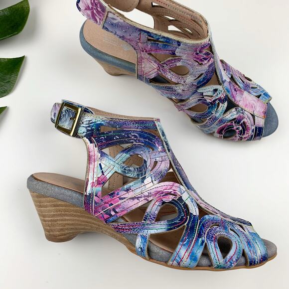 Spring Step L'Artiste Flourisha Caged Sandals Heels Blue Pink Womens 37 US 6.5 7 - Picture 1 of 11